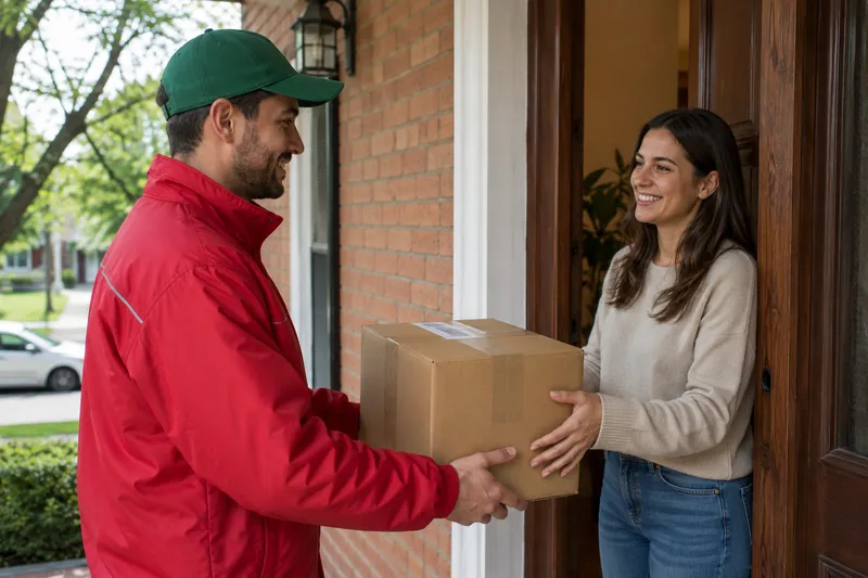 Repartidor de Lancarg entregando un paquete en la puerta del domicilio